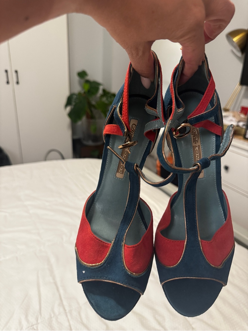Two-Tone Blue & Red T-Strap Women's Heels with Gold Ring Accent